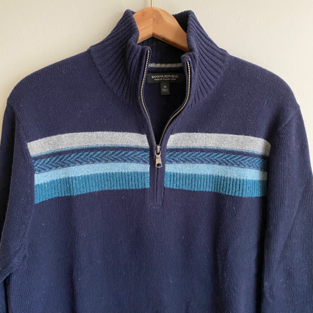 Banana Republic Mens Pullover 1/4 Zip Merino Wool Blend Sweater Collar Size M - Picture 2 of 7